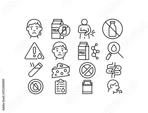 vector icon line lactose intolerance and dairy reaction 16 items isolated on white background