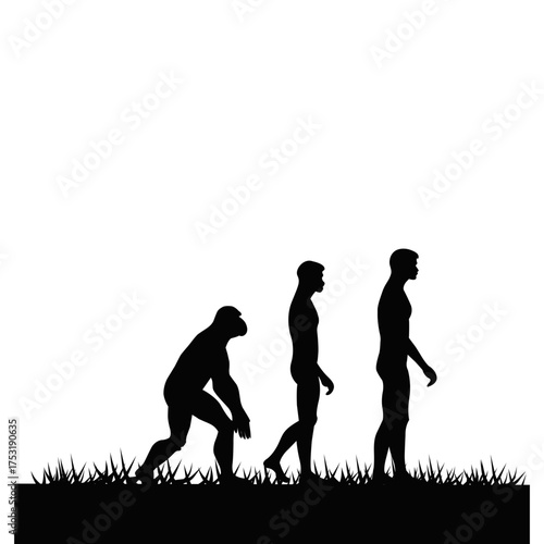 Silhouette of human evolution walking sequence. Evolution of man concept illustration, prehistoric ape to modern human transition, science and anthropology artwork design