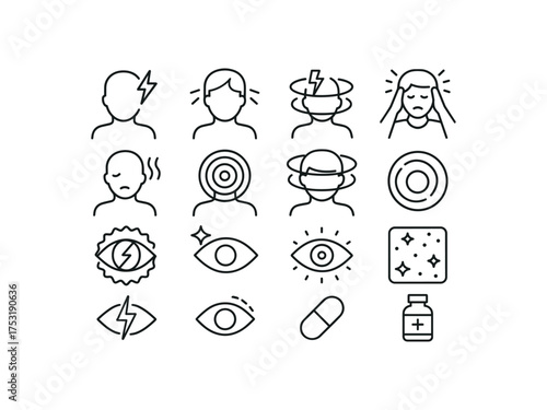 vector icon line migraine attack and aura 16 items isolated on white background