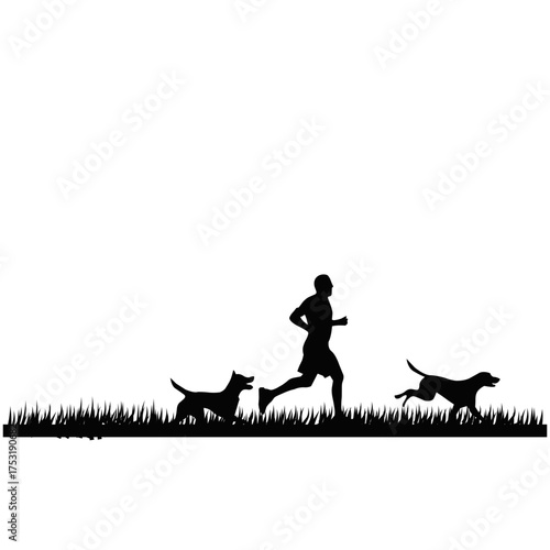 Silhouette of man running with dogs on grass field. Morning jog and pet exercise illustration. Outdoor fitness, active lifestyle, friendship and freedom concept art