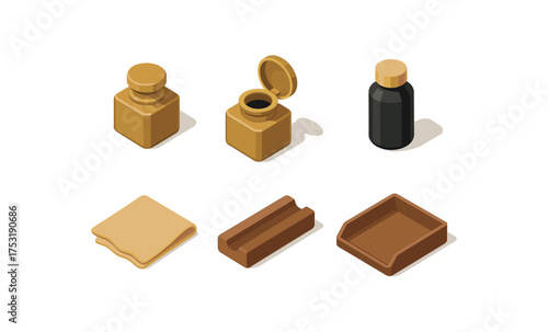 isometric icon items isolated on white background brass inkwell hinged lid ink refill cleaning cloth pen rest desk tray
