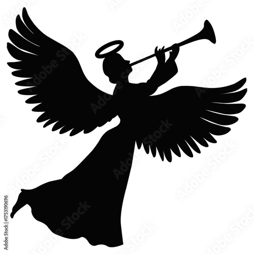 Silhouette of angel blowing trumpet with wings spread. Heavenly figure in flight, religious illustration of divine messenger, spirituality and faith symbol art design