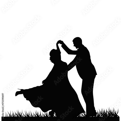 Romantic couple dancing silhouette on grass. Man and woman holding hands in love, elegant dance pose under evening sky, romantic relationship and happy moment illustration