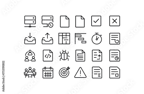of vector outline icons. outline stroke user interface icons style on clean white background Office (workflow) server on server off file open file closed task active task inactive inbox