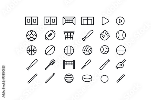 of vector outline icons. outline stroke user interface icons style on clean white background Sports (ball games) scoreboard on scoreboard off gate open gate closed play active play inactive