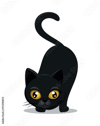 Black cat silhouette vector illustration for design, a cute domestic kitten animal on a white background with funny eyes and a tail