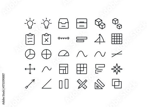 of vector outline icons. outline stroke user interface icons style on clean white background Education (math) light on light off drawer open drawer closed quiz active quiz inactive number