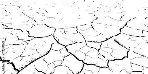 Cracked dry land surface in black and white. Drought soil texture showing environmental dryness, arid landscape, and climate change impact. Perfect for nature, texture, and eco design backgrounds