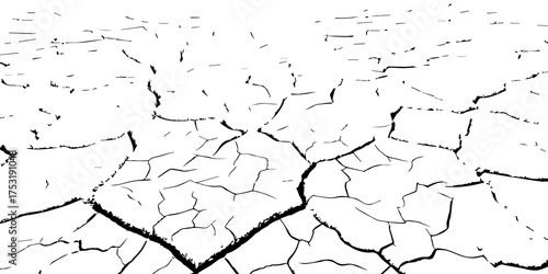 Cracked dry land surface in black and white. Drought soil texture showing environmental dryness, arid landscape, and climate change impact. Perfect for nature, texture, and eco design backgrounds