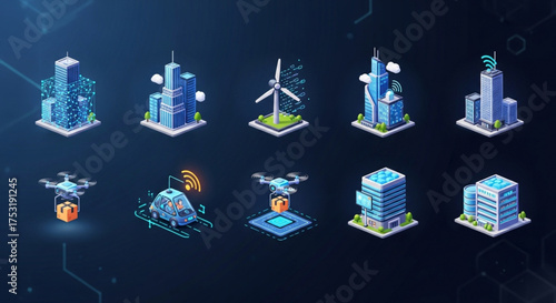 Isometric smart city with advanced technology, renewable energy, and autonomous vehicles, showcasing innovation and sustainable urban development for a modern future