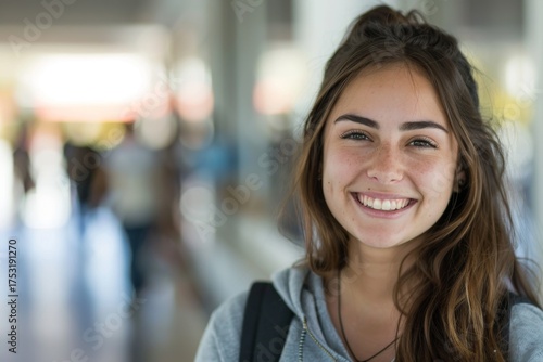 Smiling young woman in a school hallway Free Download Smiling young woman in a school hallway - GFXLoad