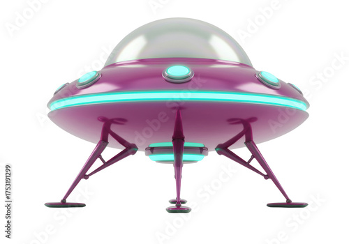 Isolated Retro UFO with Glowing Accents and Shiny Dome on Landing Gear, Transportation