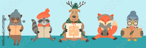 Animals in winter holding gift boxes. Christmas gifts. Children winter holidays greetings.