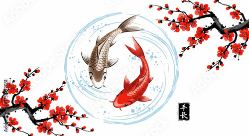 A traditional Asian ink wash painting of red and brown koi carp forming a yin yang symbol with plum blossom branches