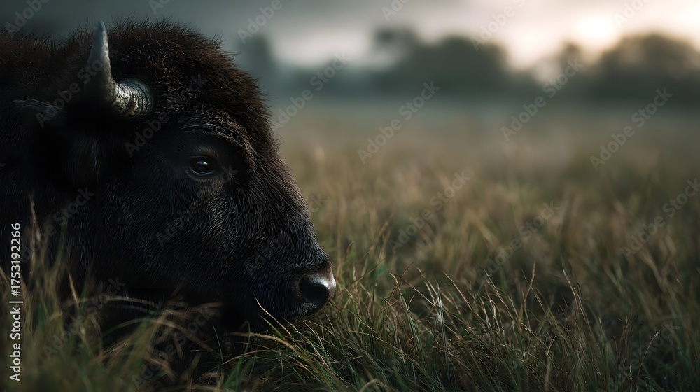 Fototapeta premium Close up profile of a bison head in a misty grassy field at dawn conveying a sense of wild tranquility