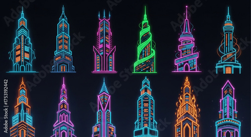 A striking set of twelve unique architectural designs, each depicted as a neonlit tower, blending modern aesthetics with classic building structures