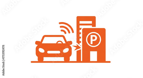 Smart parking system icon, showcasing a car interacting with a parking garage equipped with wireless technology for automated parking