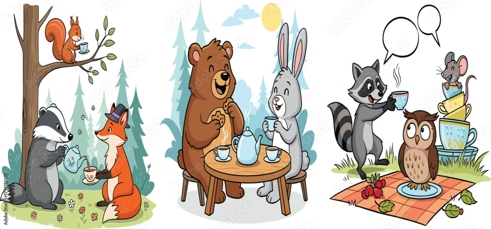 Obraz premium Cute Woodland Animals Drinking Tea and Coffee Illustration Set.