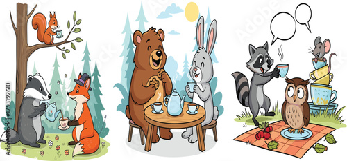 Cute Woodland Animals Drinking Tea and Coffee Illustration Set.