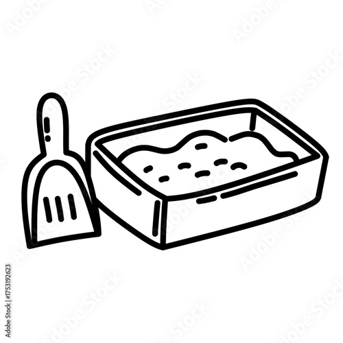 Black and white doodle of cat litter box and scoop. Simple illustration for pet care, hygiene, or animal accessory concepts.