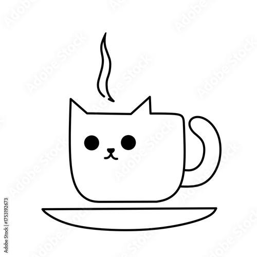 Minimalist illustration of a cat-shaped coffee cup with steam. Cute modern vector art for cafes, pets, or cozy lifestyle designs. Cartoon cat line art outline illustration.