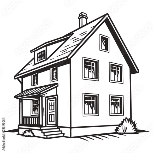 Modern detached residential house, clean minimal vector icon illustration on white background