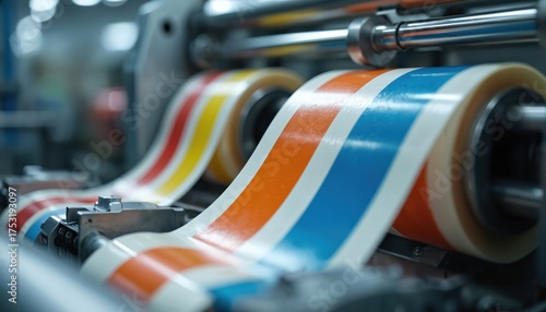 Rotary printing machine creates colorful striped tape rolls. Industrial equipment makes adhesive material for packaging and labels. High speed factory production line processes raw film.