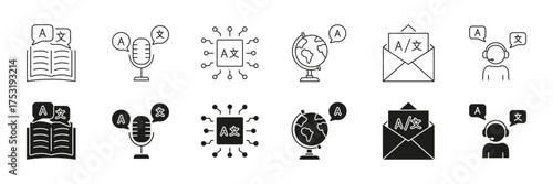 Language Translation Line And Solid Icon Set. Global Translation, And Language Services Symbol Collection. Includes Book, Microphone, Globe, Email, And Headset Icons. Isolated Vector Illustration