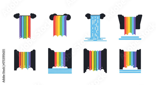 Rainbow waterfall icons, a vibrant and whimsical collection of colorful cascades, perfect for adding a touch of magic to any design project