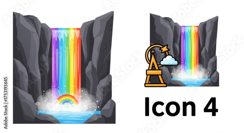 Rainbow waterfall icons, a vibrant and whimsical collection of colorful cascades, perfect for adding a touch of magic to any design project