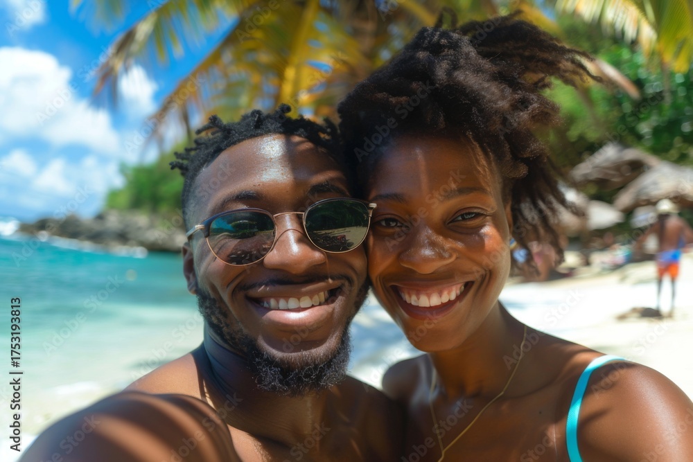 Fototapeta premium Happy couple taking selfie at the beach