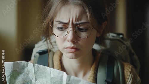 A woman studying a map while wearing glasses and carrying a backpack, possibly planning her hiking route