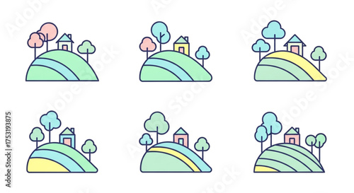 Six variations of a charming countryside landscape, each featuring rolling hills, quaint houses, and lush trees