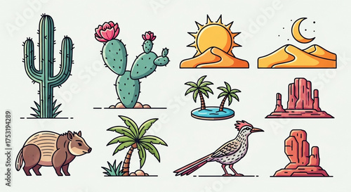 Set of desert icons cactus, sun, moon, sand dune, palm tree, rock formation, peccary, roadrunner desert landscape