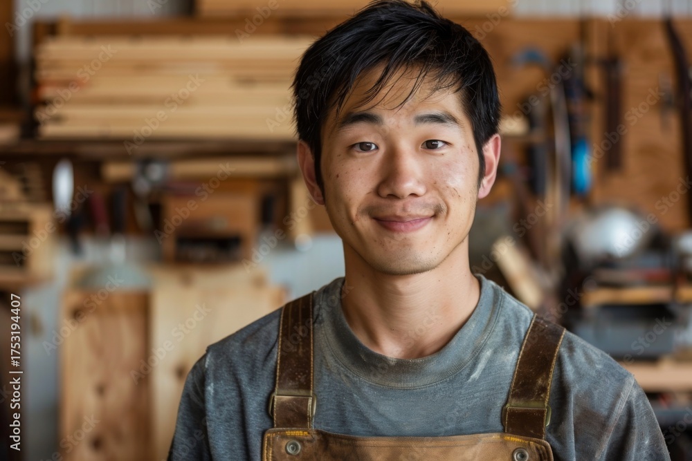 Obraz premium Young man smiling in a woodworking shop