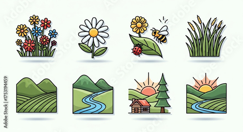 Charming icons depict the beauty of nature, showcasing flowers, bees, ladybugs, grass, fields, rivers, and cozy cabins, all under a warm, inviting sun
