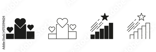Hearts And Stars On Bar Graphs Line And Solid Icon Set. Success, Achievement, And Popularity Growth Symbol Collection. Love And Excellence Representation. Isolated Vector Illustration