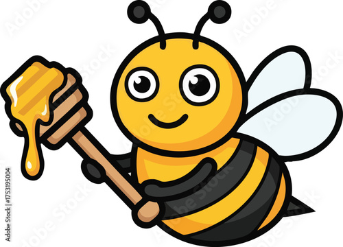 Happy cartoon bee holding honey dipper with delicious golden honey.