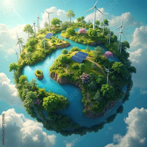 Miniature planetoid displays abundant green nature with rivers and lakes. Solar panels and wind turbines generate clean power for future world. Sustainable eco-friendly future concept illustration.