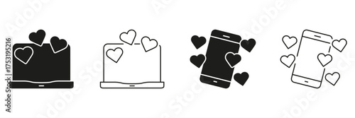 Laptop And Smartphone With Hearts Line And Solid Icon Set. Digital Love, Online Dating, And Social Media Engagement Symbol Collection. Technology And Romance Connection. Isolated Vector Illustration