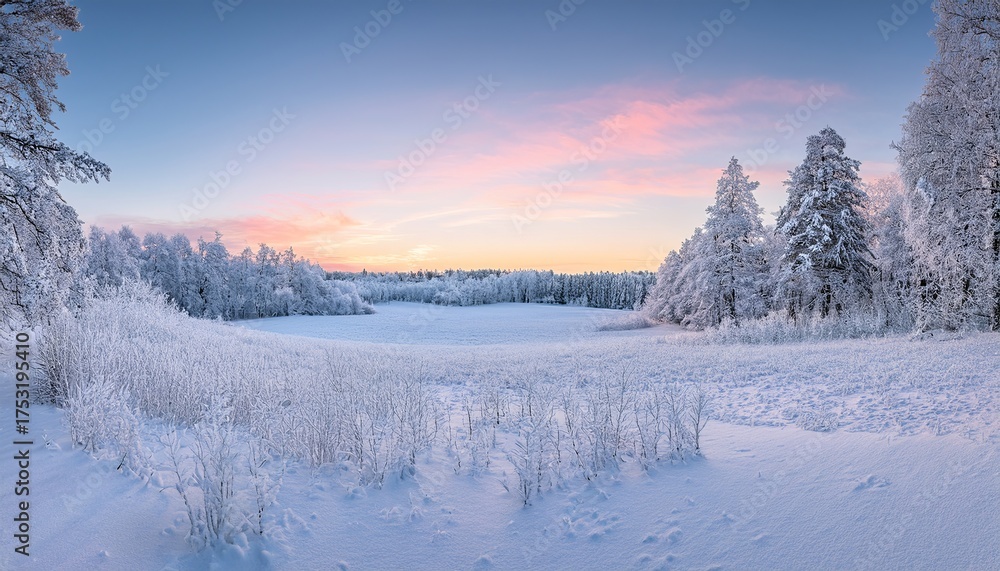 Fototapeta premium snowy panoramic landscape at sunset, frozen trees