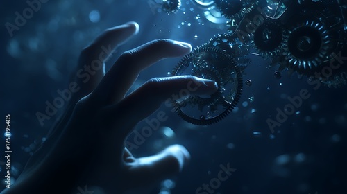 human hand in darkness controlling a floating mechanism of interlocking gears, glowing edges, concept of surrendering control, cinematic deep blue lighting, v7 