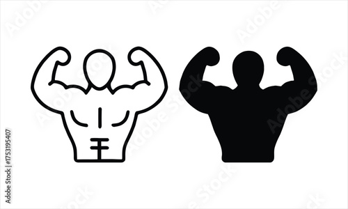 Bodybuilder flexing muscles icon set strength fitness gym silhouette and outline art