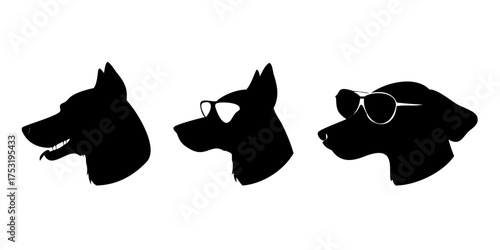 Dog wearing sunglass black soild silhouette icon set, animal doggy head collection, animal character illustration, editable vector clip art silhouettes bundle See Less