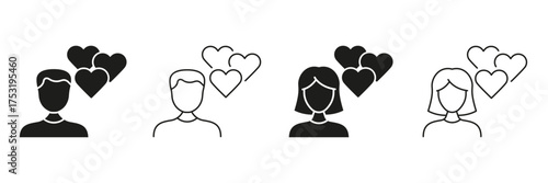 Male And Female With Hearts Line And Solid Icon Set. Love, Relationship, And Affection Symbol Collection. Romantic Connection And Emotional Bonding. Isolated Vector Illustration