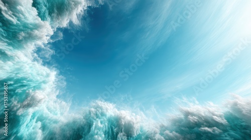 This stunning image showcases powerful ocean waves colliding under a bright blue sky, creating a mesmerizing contrast of colors and textures evoking tranquility and awe.