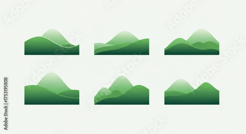 Collection of minimalist green hill illustrations, showcasing various shapes and gradients, perfect for naturethemed designs
