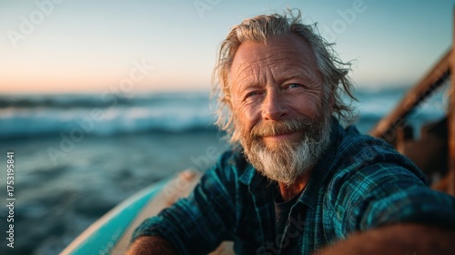 A joyful man enjoying the ocean waves, reflecting a warm sunset glow while holding a surfboard, encapsulating a relaxed and adventurous spirit of surfing.