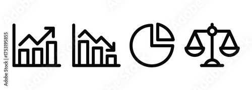 Four financial and business icons including bar charts pie chart and scales of justice