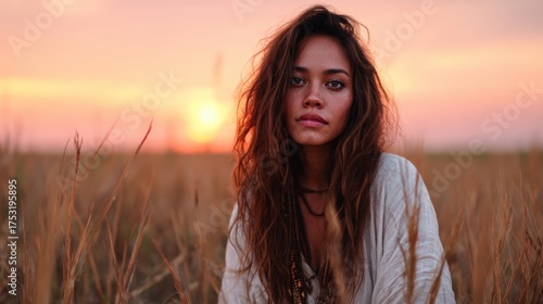 A stunning portrait of a woman sitting in golden fields during sunset, capturing the warmth of the light and the natural beauty of both the subject and surroundings around her.
